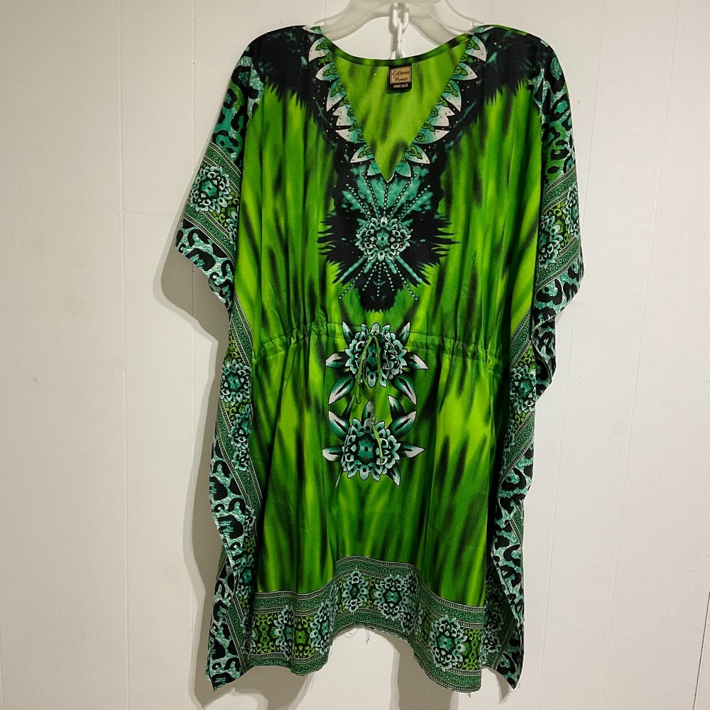 California Woman Tunic Green Black One Size Relax fit Waist tie 3/4 sleeves